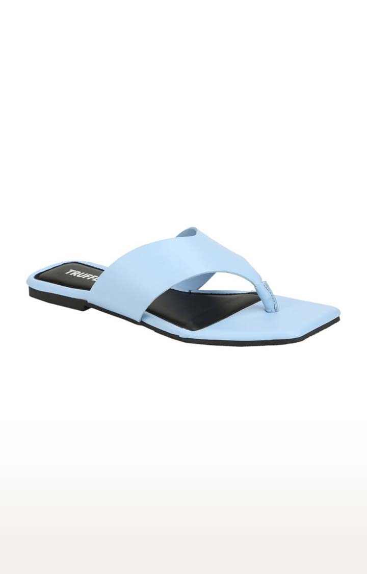 Truffle Collection | Women's Blue PU Solid Flat Slip-ons