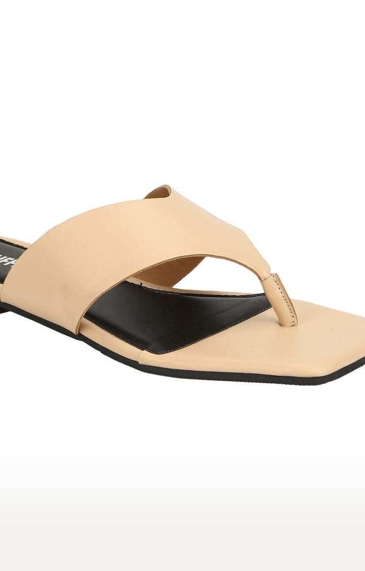 Truffle Collection | Women's Beige PU Solid Flat Slip-ons 4