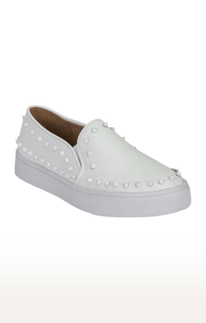 Truffle Collection | Women's White PU Embellished Slip On Loafers 0