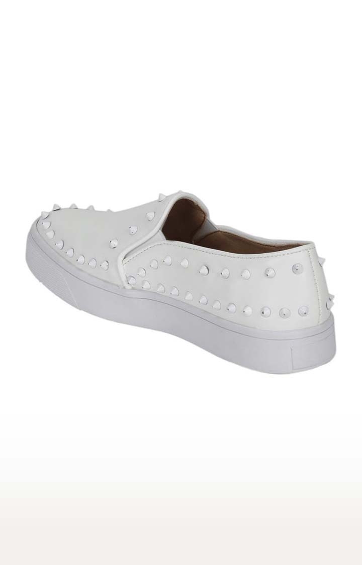Truffle Collection | Women's White PU Embellished Slip On Loafers 2
