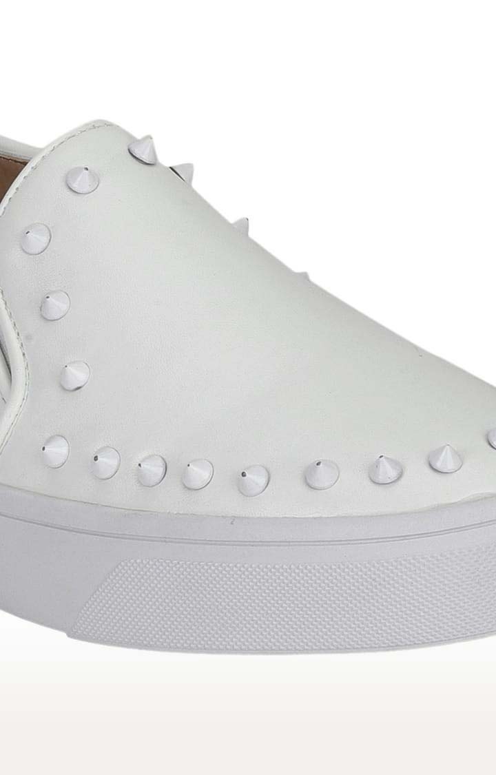 Truffle Collection | Women's White PU Embellished Slip On Loafers 4