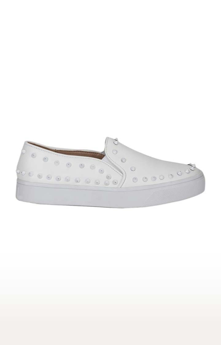 Truffle Collection | Women's White PU Embellished Slip On Loafers 1