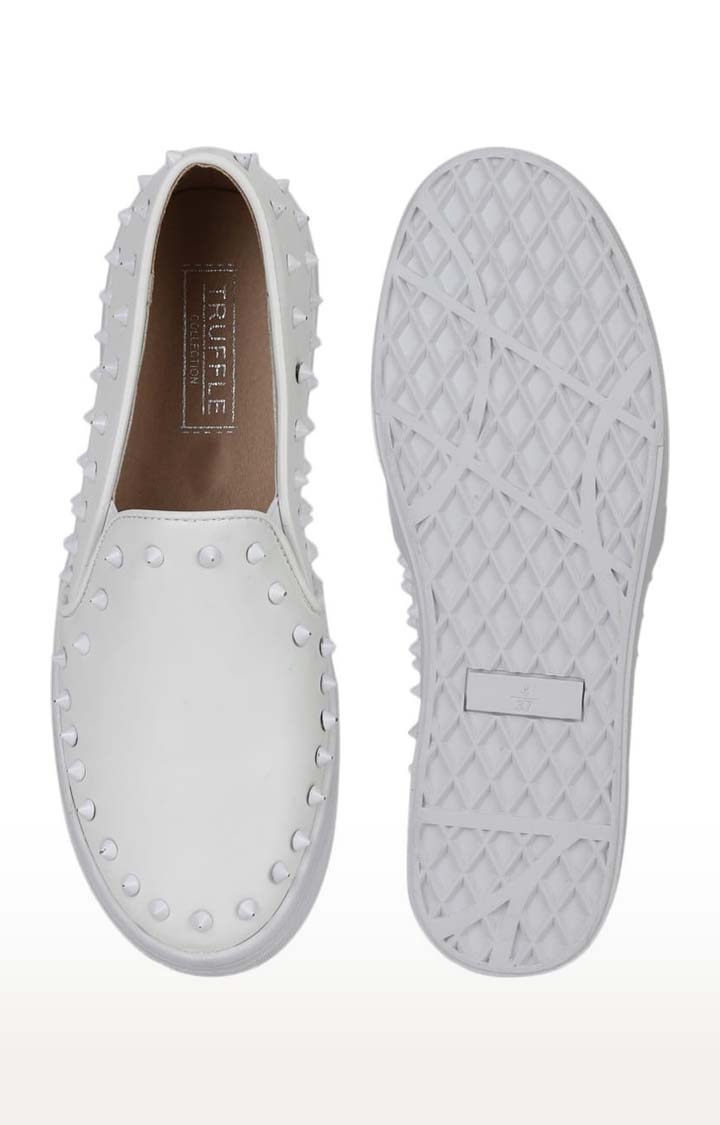 Truffle Collection | Women's White PU Embellished Slip On Loafers 3