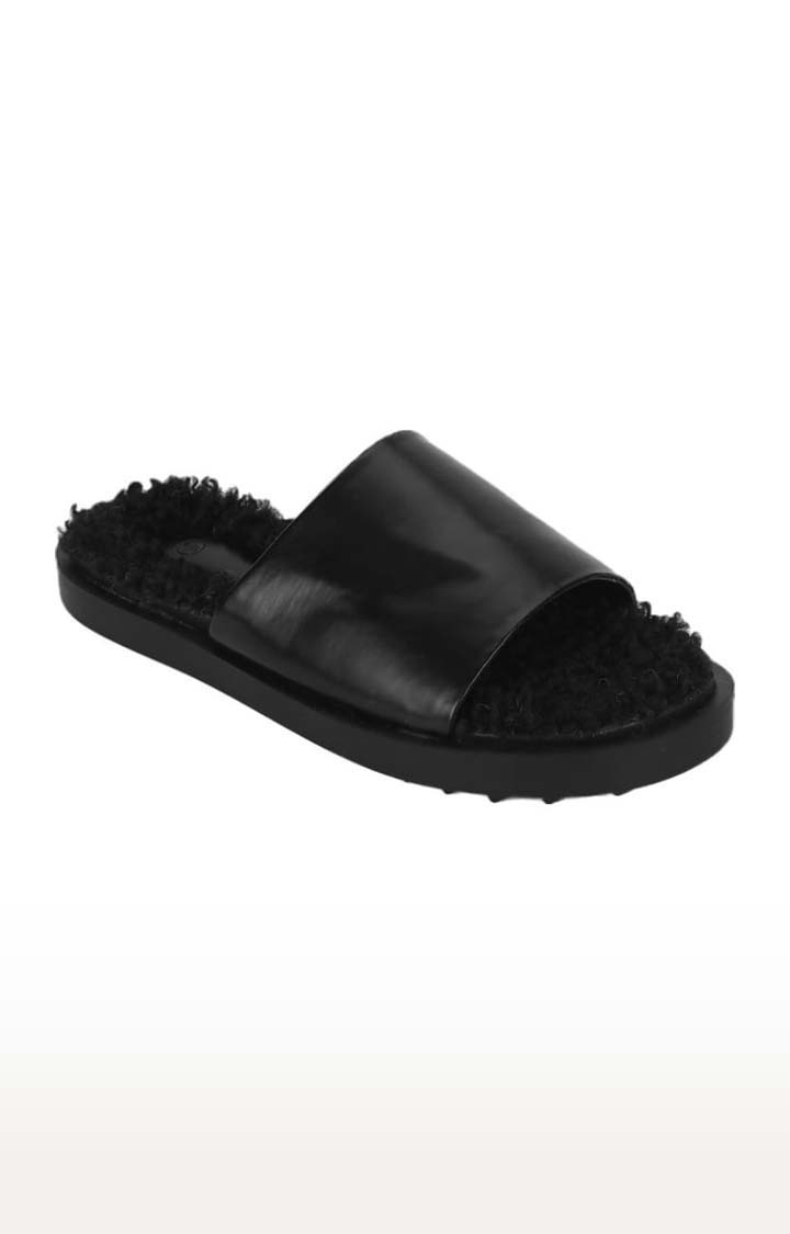 Truffle Collection | Women's Black PU Solid Slip On Flip Flops 0