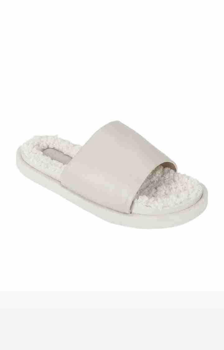 Truffle Collection | Women's White PU Solid Slip On Flip Flops