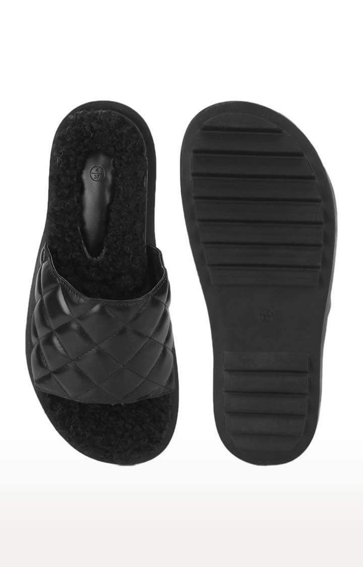 Truffle Collection | Women's Black PU Quilted Flat Slip-ons 3