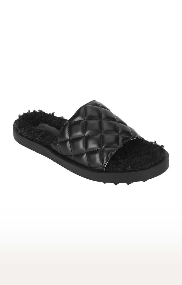 Truffle Collection | Women's Black PU Quilted Flat Slip-ons 0
