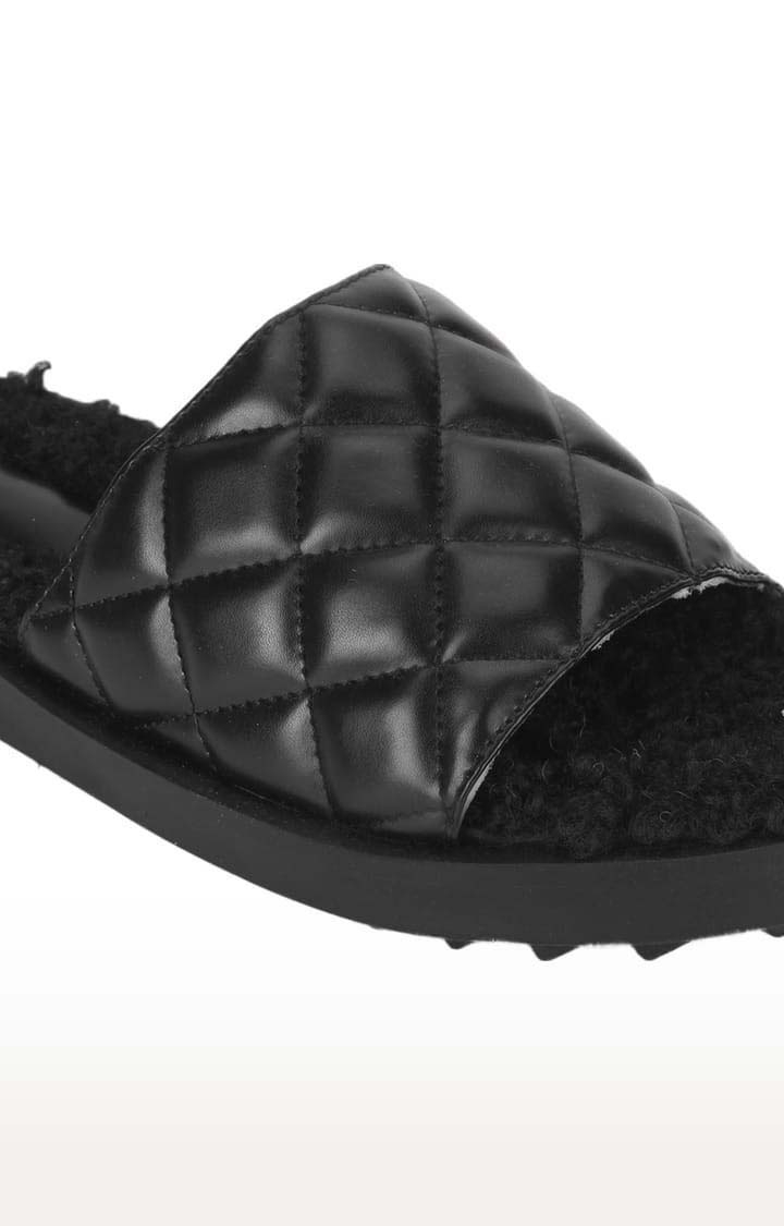 Truffle Collection | Women's Black PU Quilted Flat Slip-ons 4