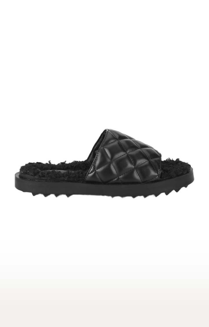 Truffle Collection | Women's Black PU Quilted Flat Slip-ons 1