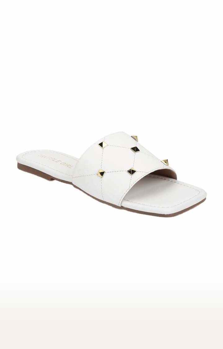 Women's White PU Embellished Flat Slip-ons