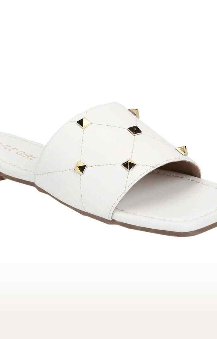 Women's White PU Embellished Flat Slip-ons
