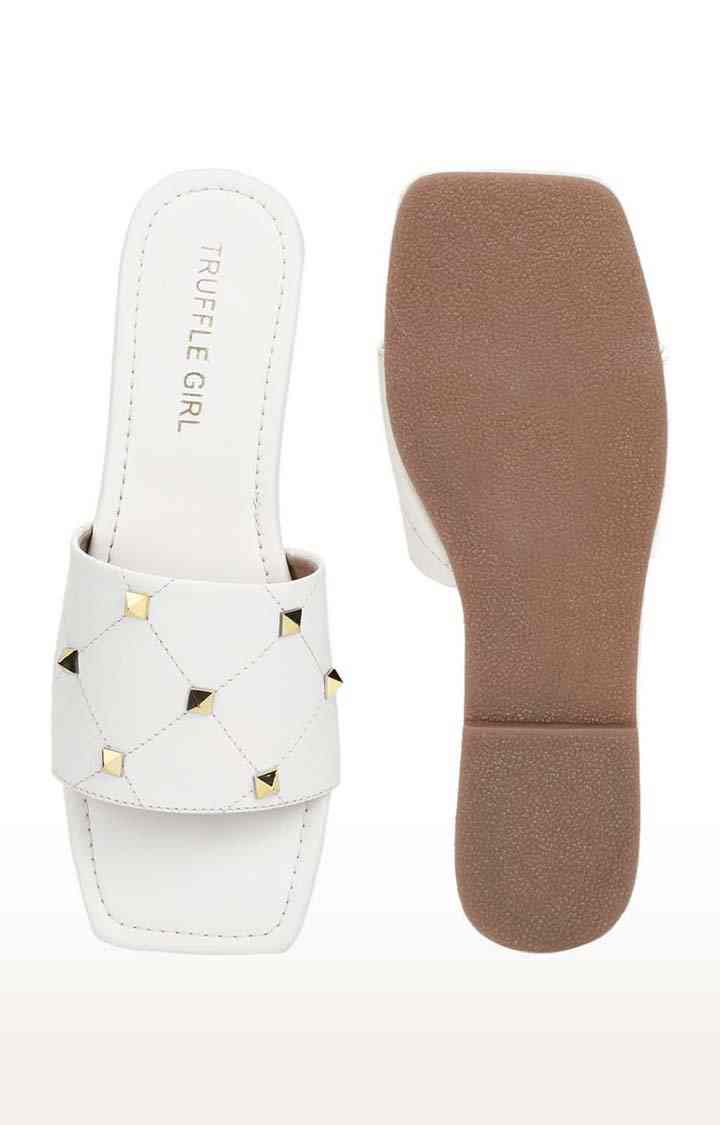 Women's White PU Embellished Flat Slip-ons