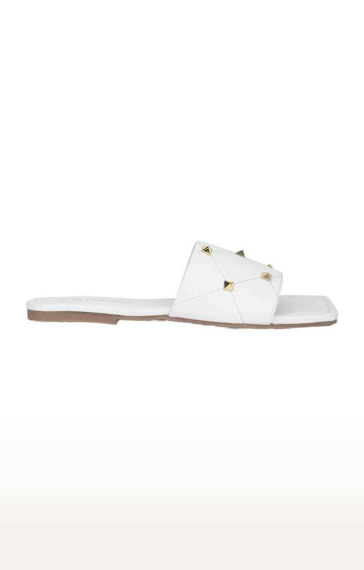 Women's White PU Embellished Flat Slip-ons