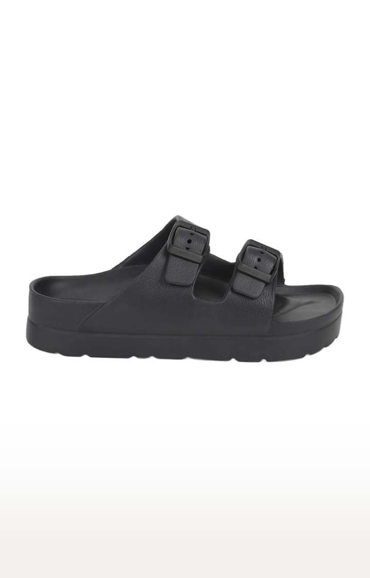 Women's Black Rubber Solid Flat Slip-ons