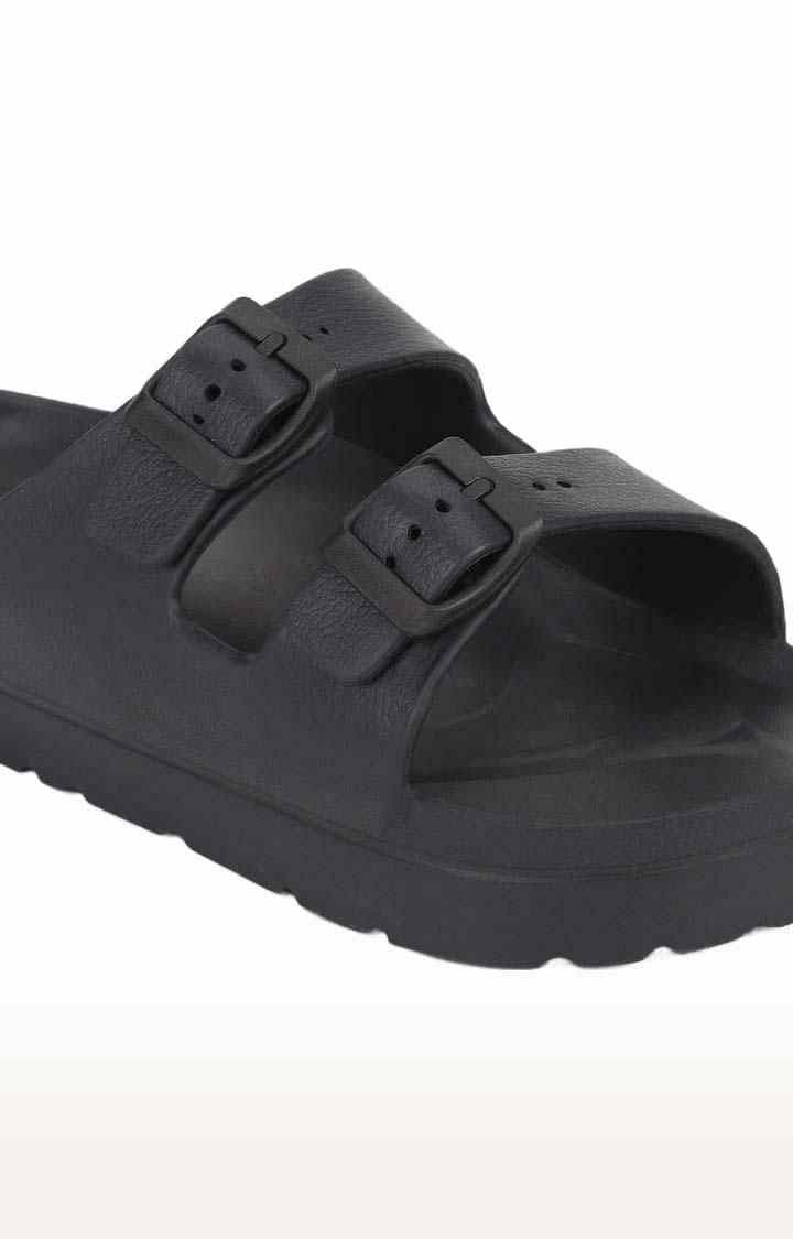 Women's Black Rubber Solid Flat Slip-ons