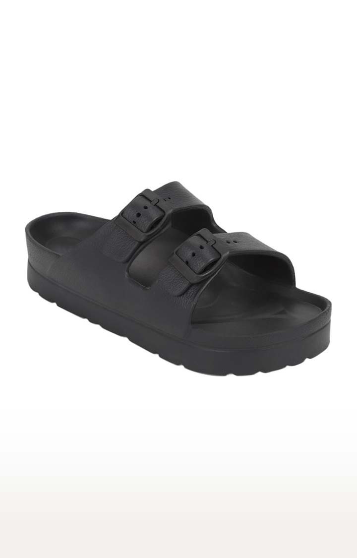 Truffle Collection | Women's Black Rubber Solid Flat Slip-ons