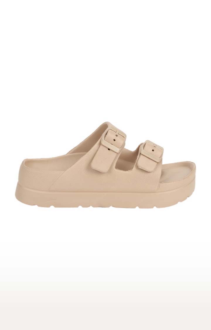 Women's Beige Rubber Solid Flat Slip-ons