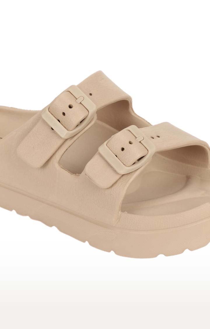 Women's Beige Rubber Solid Flat Slip-ons
