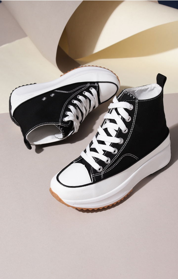 Truffle Collection | Women's Black Canvas Lace Up Sneakers 6