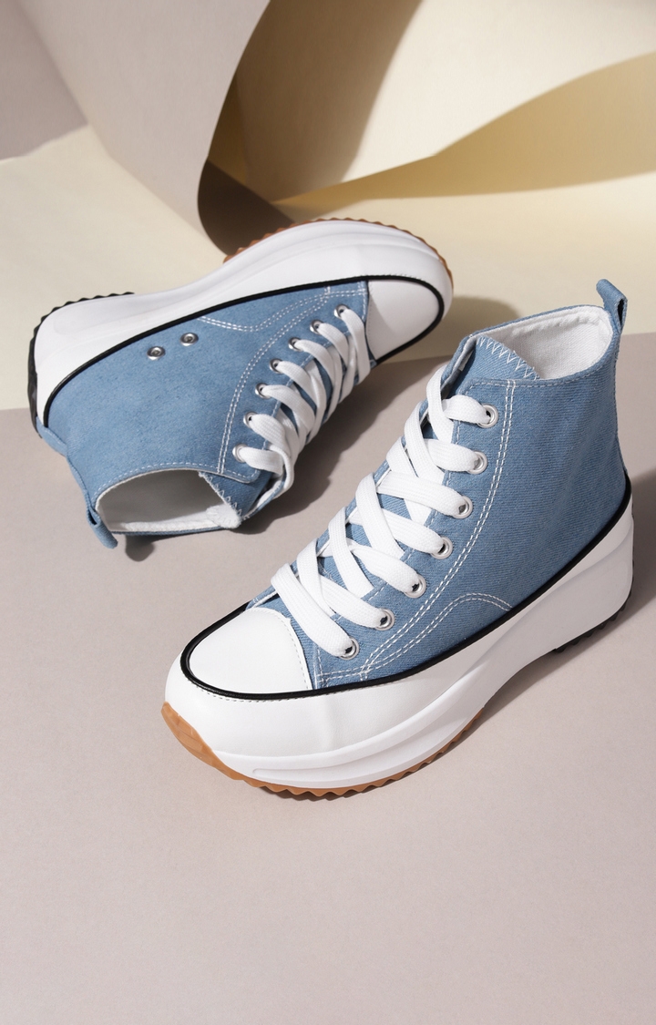 Truffle Collection | Women's Denim Blue Canvas Lace Up Sneakers 6