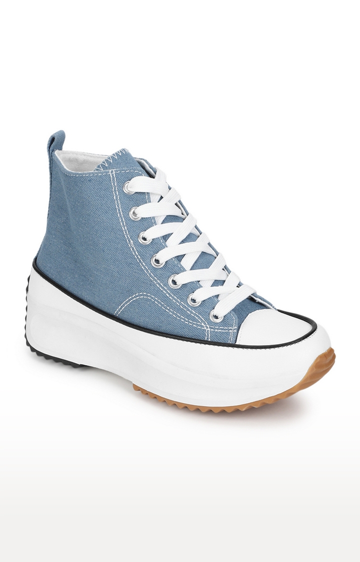 Truffle Collection | Women's Denim Blue Canvas Lace Up Sneakers