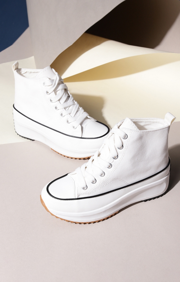 Truffle Collection | Women's White Canvas Lace Up Sneakers 6