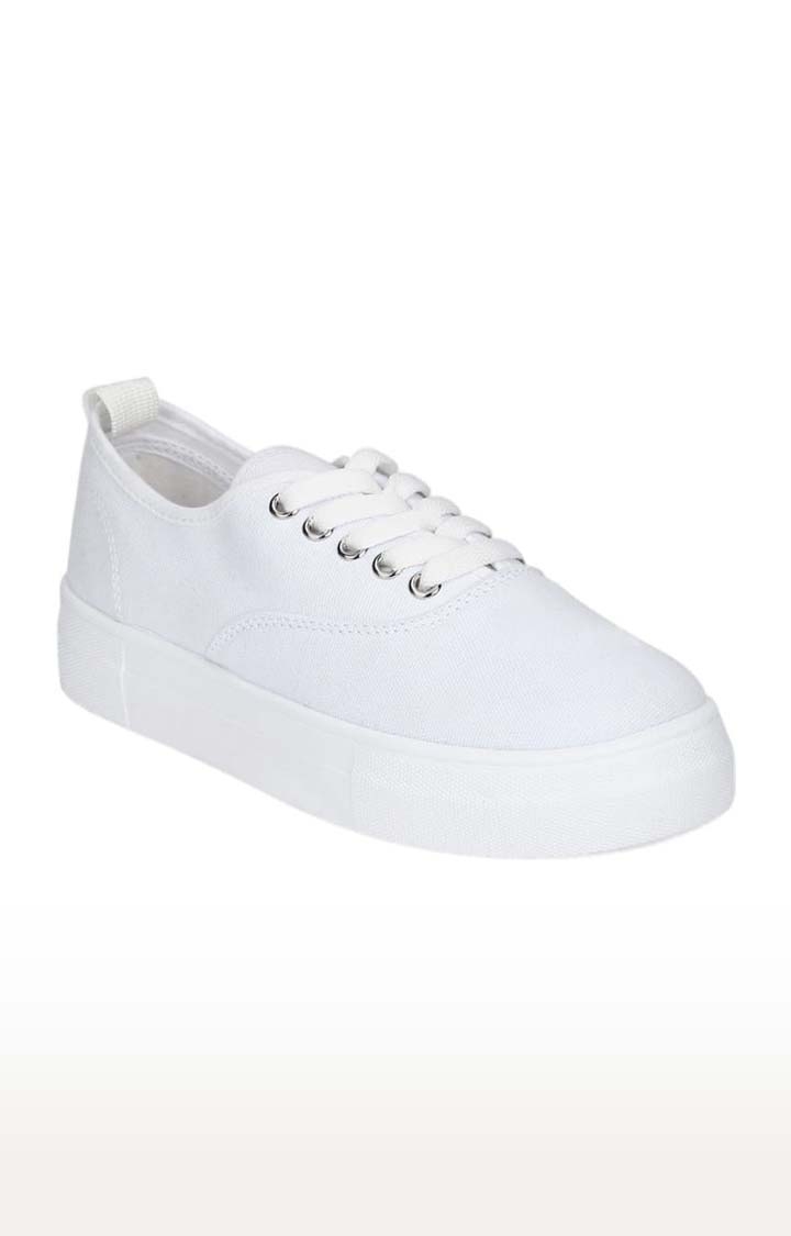 Women's White Canvas Solid Lace-Up Trainers