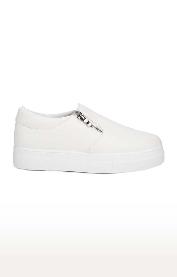 Truffle Collection | Women's White PU Textured Zip Casual Slip-ons 1