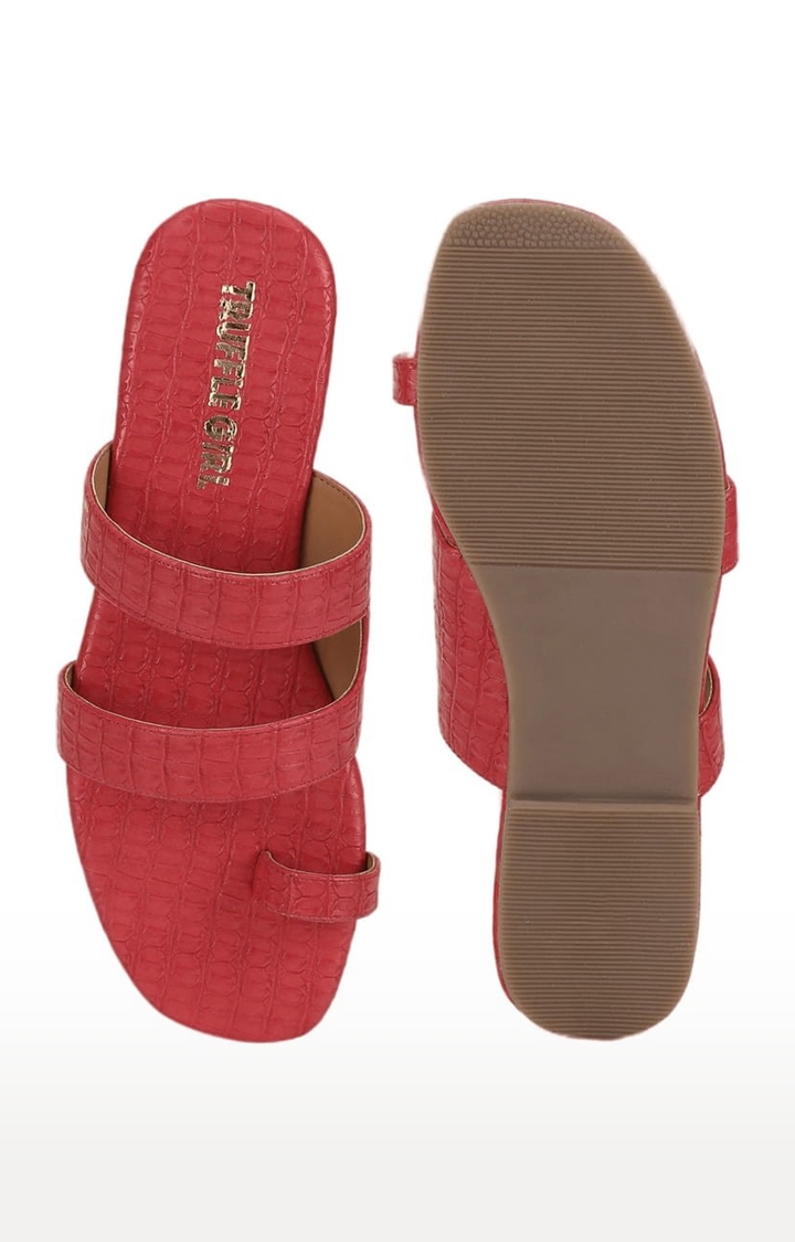 Truffle Collection | Women's Red Synthetic Textured Flat Slip-ons 3