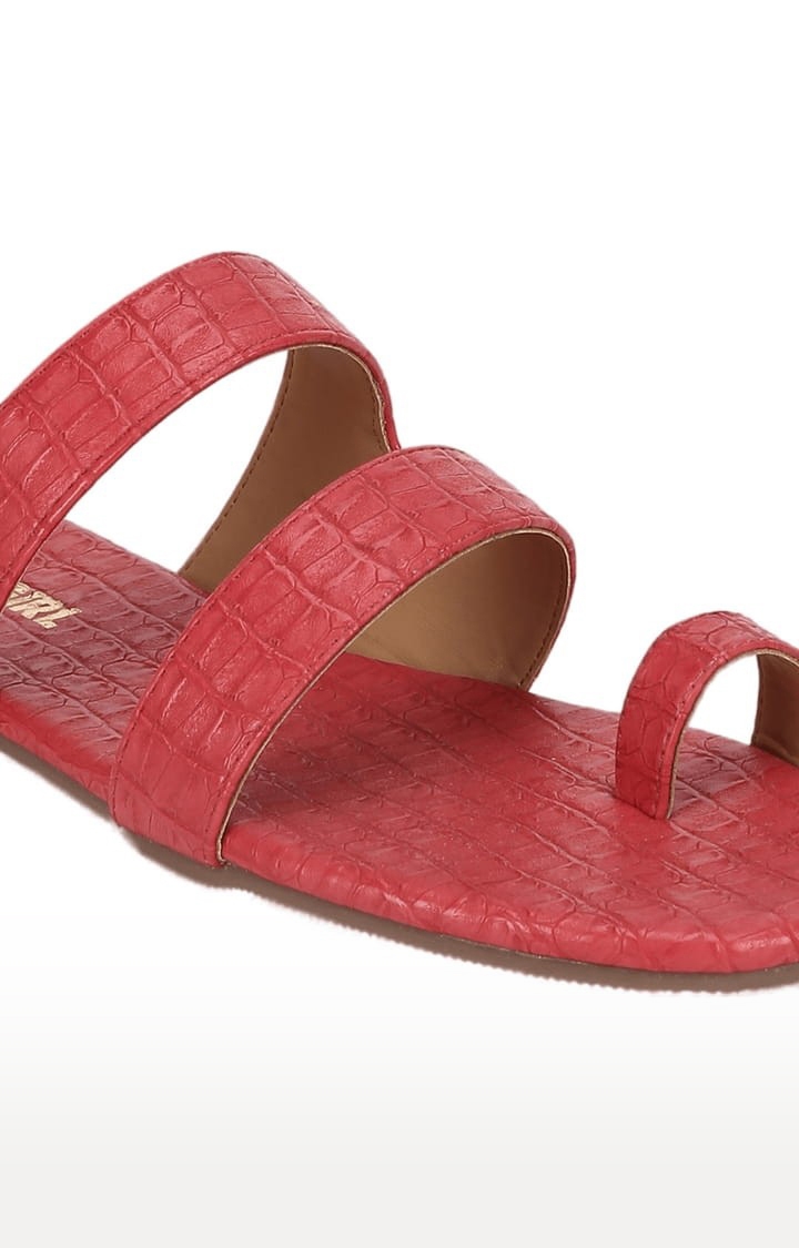Truffle Collection | Women's Red Synthetic Textured Flat Slip-ons 4