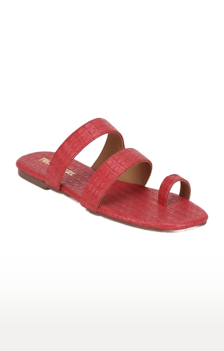 Truffle Collection | Women's Red Synthetic Textured Flat Slip-ons 0
