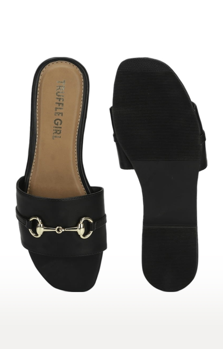 Truffle Collection | Women's Black PU Solid Flat Slip-ons 3