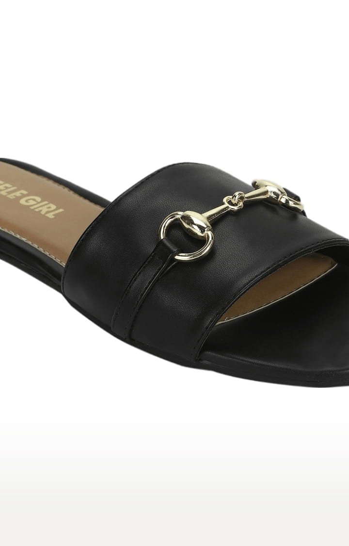 Truffle Collection | Women's Black PU Solid Flat Slip-ons 4