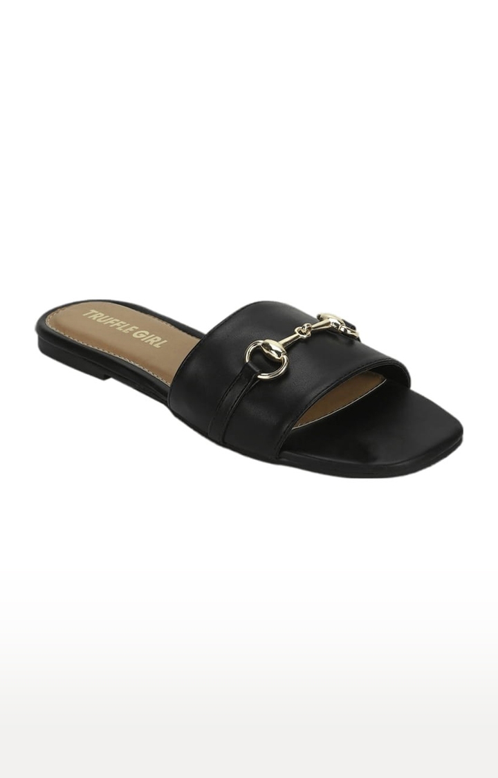 Truffle Collection | Women's Black PU Solid Flat Slip-ons 0