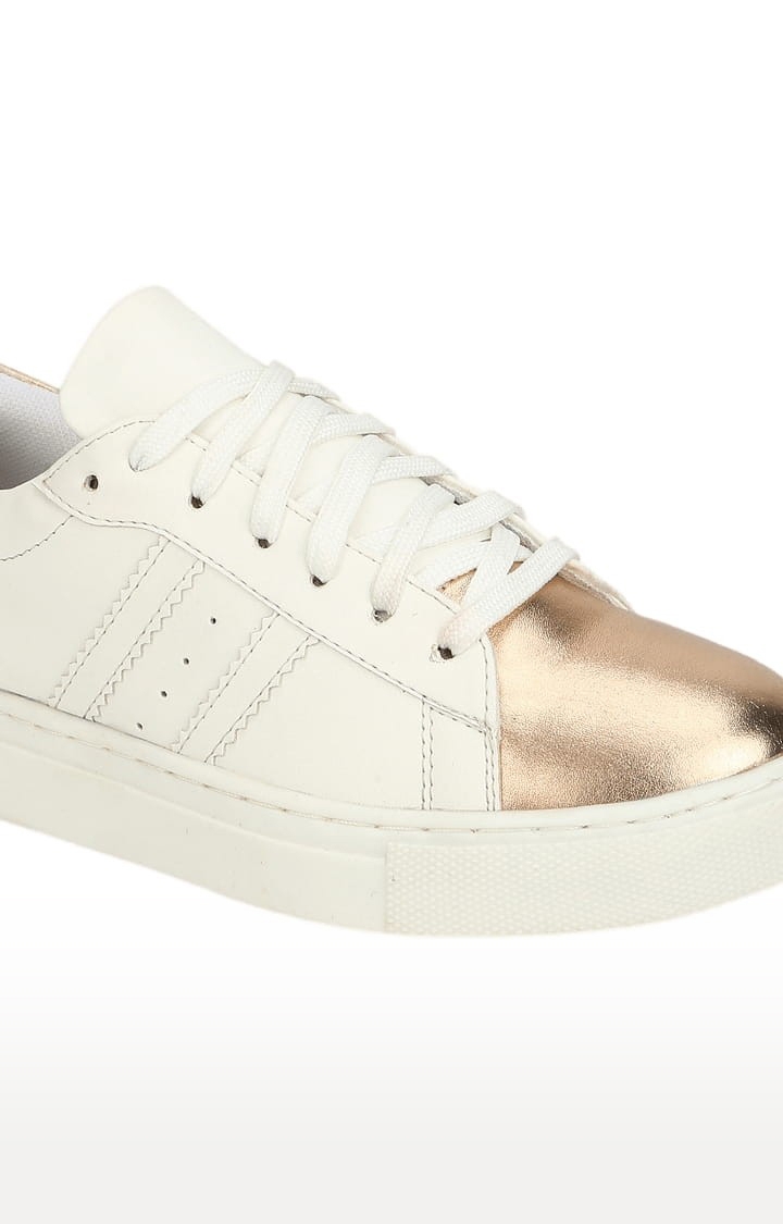 Truffle Collection | Women's White PU Solid Lace-Up Sneakers 4