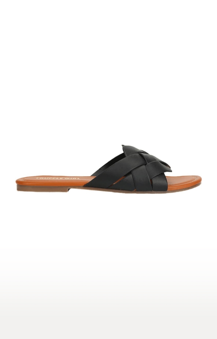 Truffle Collection | Women's Black PU Solid Flat Slip-ons 1