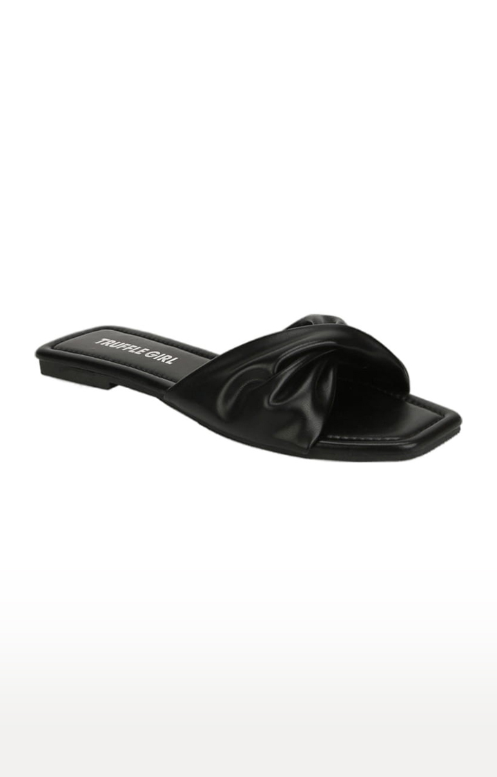 Women's Black PU Solid Flat Slip-ons