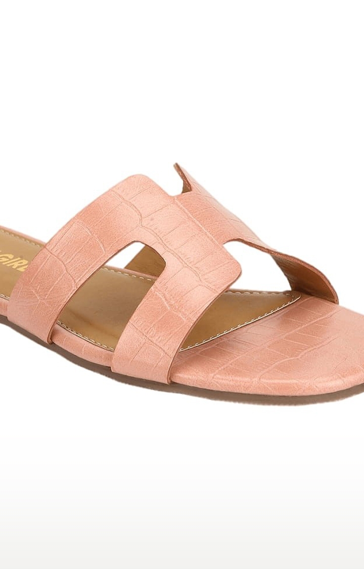 Truffle Collection | Women's Pink PU Textured Flat Slip-ons 4