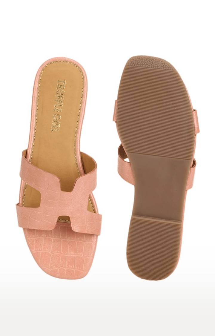 Truffle Collection | Women's Pink PU Textured Flat Slip-ons 3