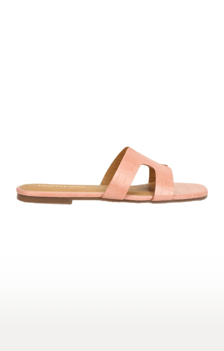 Truffle Collection | Women's Pink PU Textured Flat Slip-ons 1