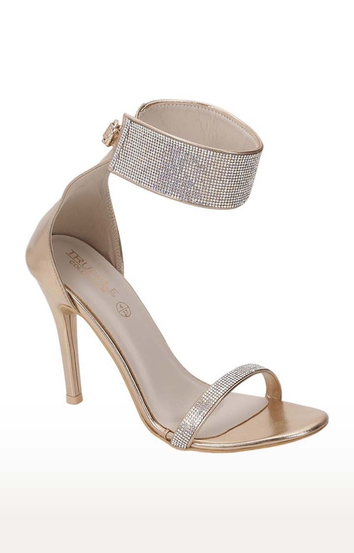 Truffle Collection | Women's Gold PU Embellished Buckle Block Heels