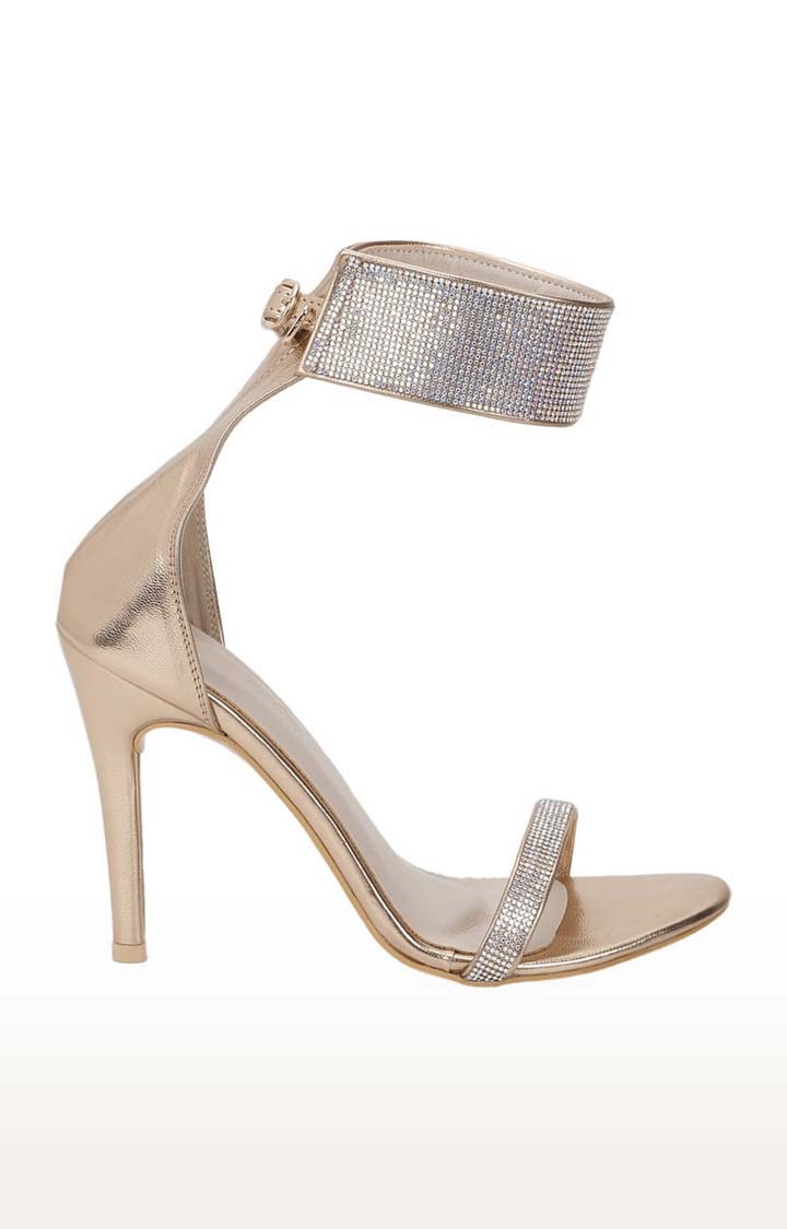 Women's Gold PU Embellished Buckle Block Heels