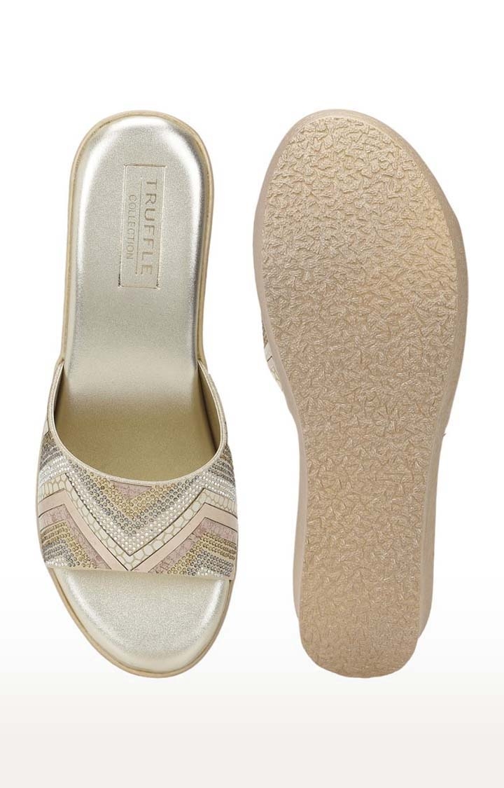Truffle Collection | Women's Gold PU Embellished Slip On Block Heels 3