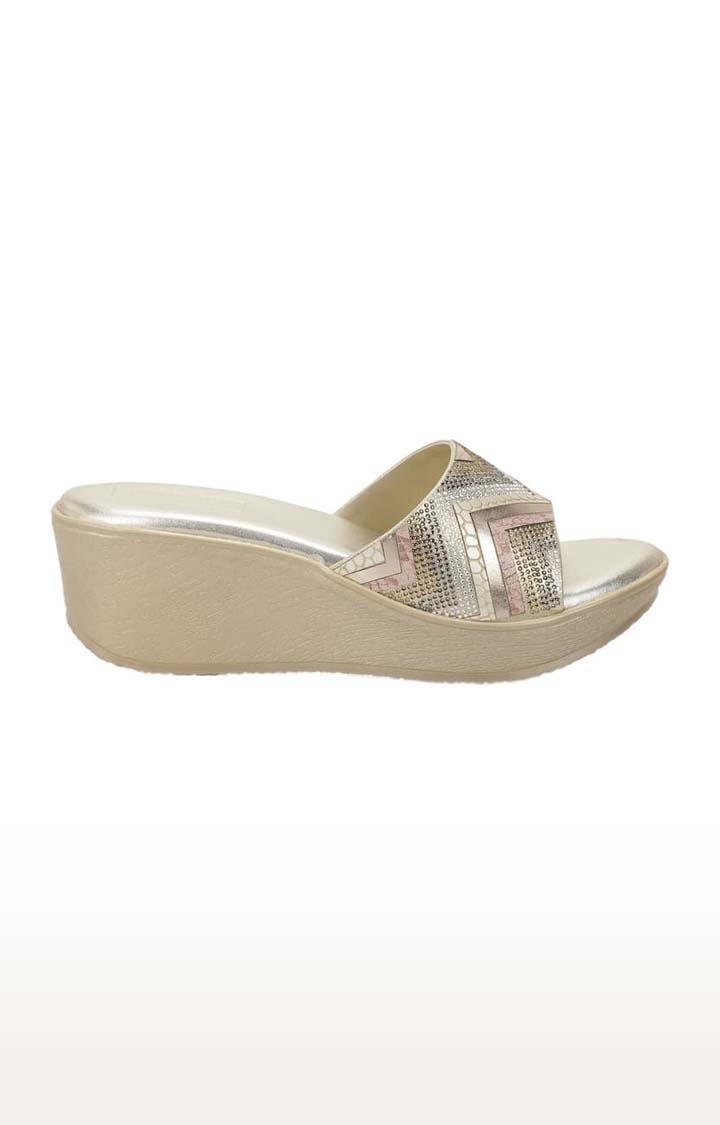 Truffle Collection | Women's Gold PU Embellished Slip On Block Heels 1