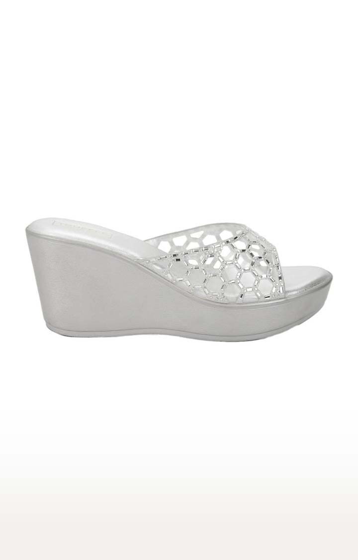 Truffle Collection | Women's Silver PU Cutout Slip On Wedges 1