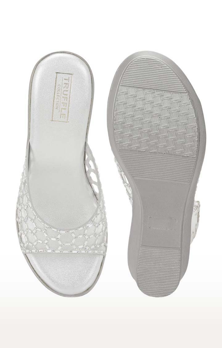 Truffle Collection | Women's Silver PU Cutout Slip On Wedges 3