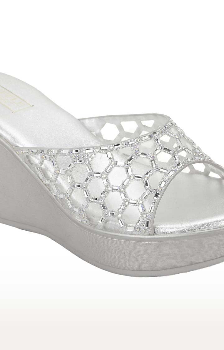 Truffle Collection | Women's Silver PU Cutout Slip On Wedges 4