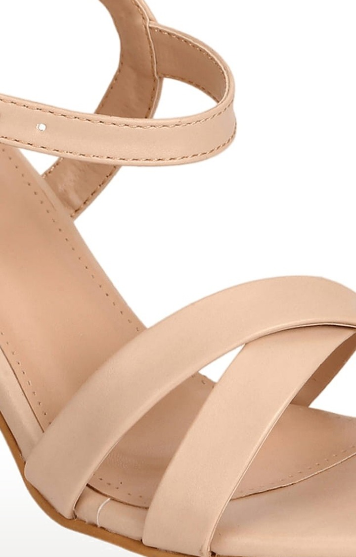 Women's Beige PU Solid Buckle Kitten Heels