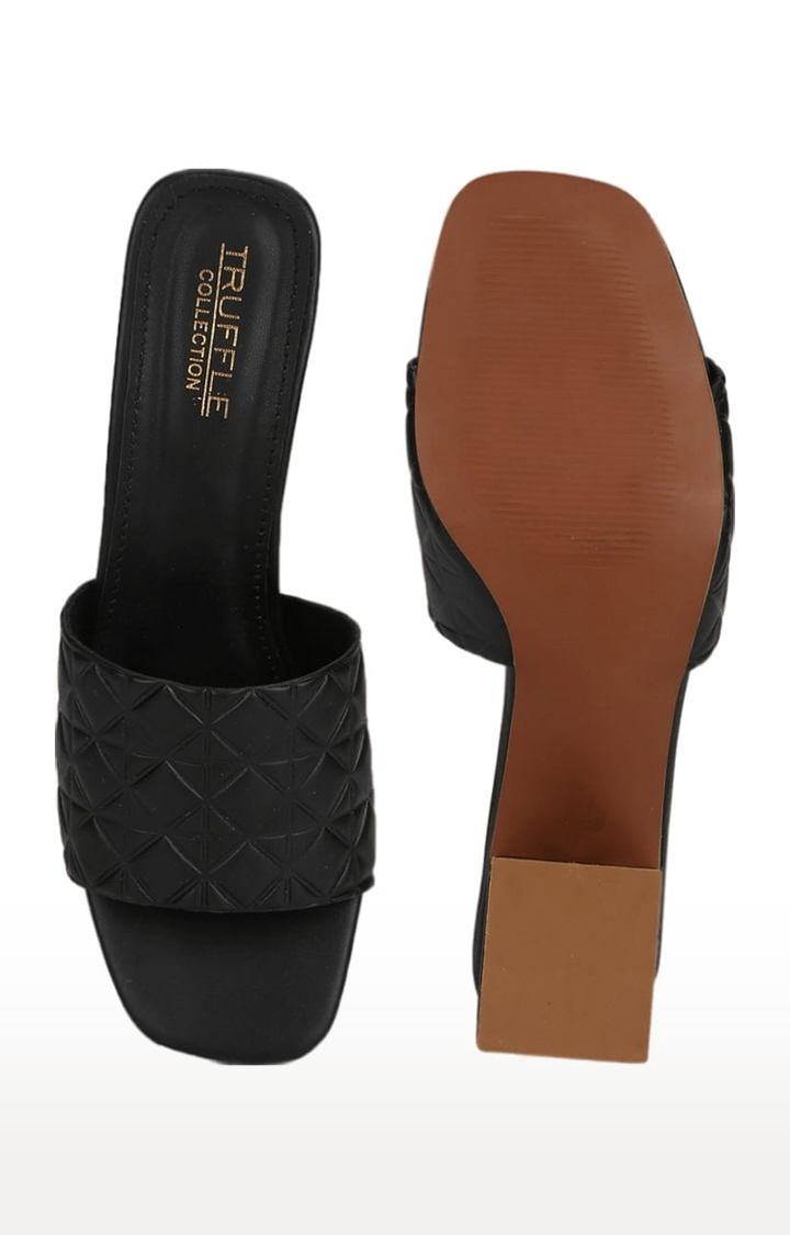 Truffle Collection | Women's Black PU Textured Slip On Block Heels 3