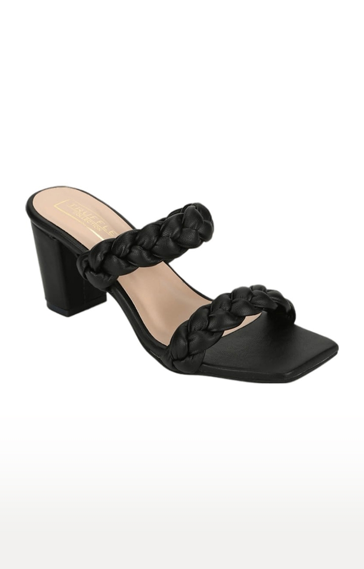 Truffle Collection | Women's Black PU Quilted Slip On Block Heels 0